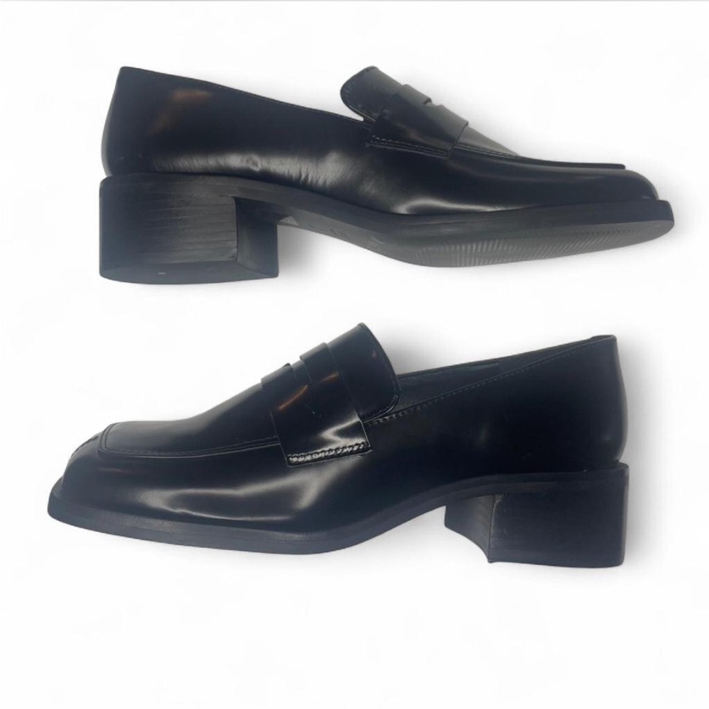 Maeve Anthropologie Square Toe Leather Penny Loafer Heels Black - Sz. 5-5.5 - Picture 6 of 8